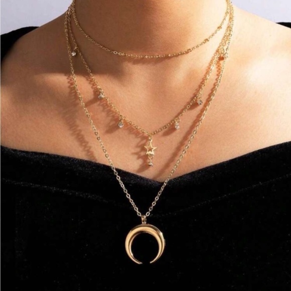 GOLD 3/$30 Moon & Star Layered Necklace - Picture 1 of 2